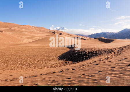 Spuren auf der Great Sand Dunes, die höchsten Dünen in Nordamerika, mit Schnee bedeckt Sangre De Cristo mountains Stockfoto