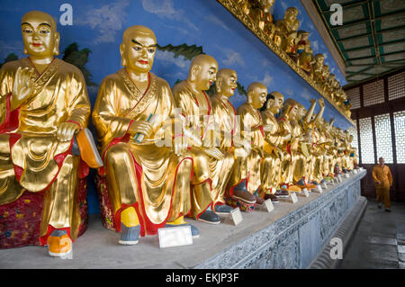 Mönch übergibt goldenen Firgures in der Halle des Araht, Daxianguo Tempel, Kaifeng, Henan Provinz, China Stockfoto