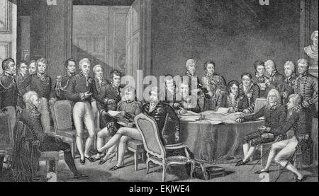 Kongreß von Wien - Wiener Kongress war eine Konferenz der Botschafter der europäischen Staaten unter dem Vorsitz von österreichischen Staatsmannes Klemens Wenzel von Metternich, und von September 1814 bis Juni 1815 in Wien statt. Ziel des Kongresses war es, einen langfristige Friedensplan für Europa zur Verfügung zu stellen, durch Absetzen von kritischen Fragen von französische revolutionäre Kriege und Napoleonische Kriege. Stockfoto