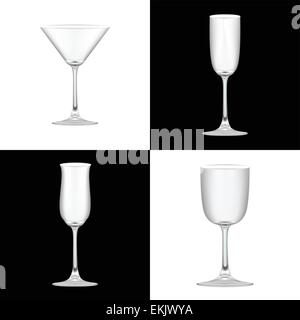Realistische Reihe von 4 Cocktailglas auf schwarzen & weißen Hintergrund Stock Vektor