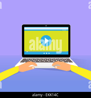Laptop Computer Uhr Film Spieler Hand Finger Touch-Taste Stockfoto