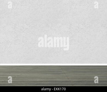 Strukturierte weiße Wand mit grauen hölzernen Bodenplatten Stockfoto