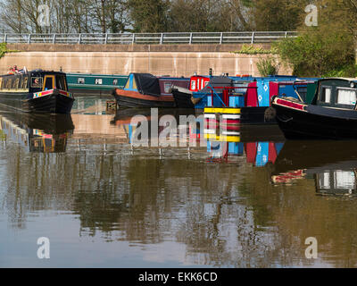 Narrowboats vor Anker am The Shropshire Union Canal im Marktflecken Market Drayton Shropshire Stockfoto