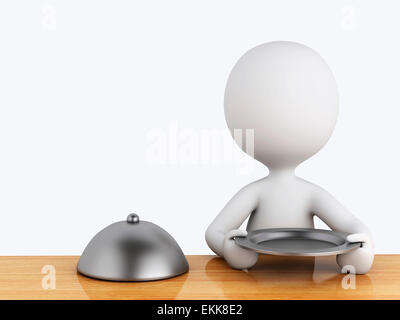 3D Renderer Bild. Weiße Leute in der Küche mit silbernen Tablett auf weißem Hintergrund Stockfoto