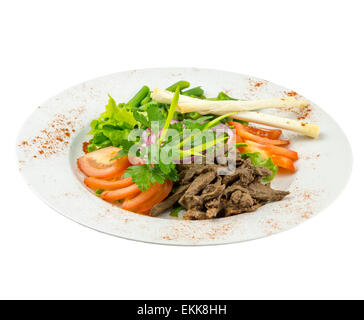 Salat mit frischem Gemüse, Fleisch und Reis Brot auf einem isolierten Hintergrund Stockfoto