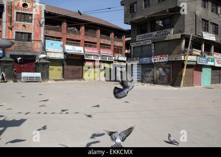 Srinagar, Kaschmir, Indien. 11. April 2015.  Srinagar der Sommerhauptstadt von indischen Kaschmir am 11. April verabreicht, wird 2015.A komplette Abschaltung beobachtet über Kaschmir-Tal am Samstag gegen die vorgeschlagene bewegen von Regierung von separaten Gemeinde für Kashmiri Pandits. Bildnachweis: NISARGMEDIA/Alamy Live-Nachrichten Stockfoto