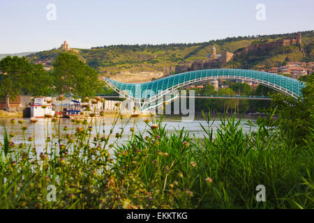 Brücke des Friedens über Mt'k'Vari (Kura) Fluss, Tiflis, Georgien Stockfoto