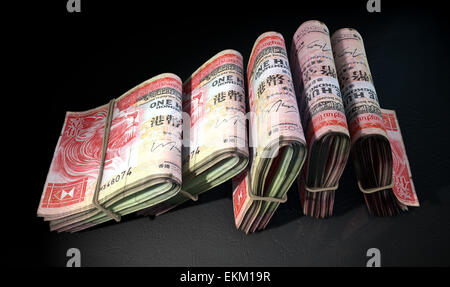 Eine Nahaufnahme von fünf Bündel von umgeklappt Stapel von Hong Kong-Dollar-Banknoten jeweils ein Gummiband festgelegten informell gebunden Stockfoto