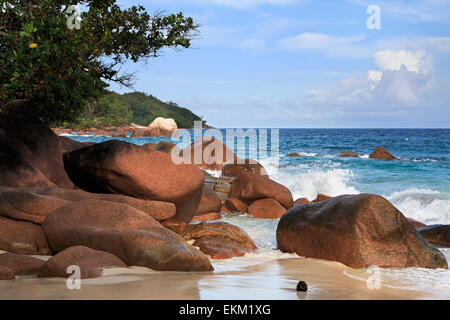 Großen Granitfelsen im Indischen Ozean am Strand von Anse Lazio. Stockfoto