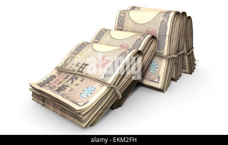 Eine Nahaufnahme von fünf Bündel von über Stapel des japanischen Yen-Banknoten gefaltet jeweils gebundenen Infomally durch ein Gummiband in festgelegten ein Stockfoto