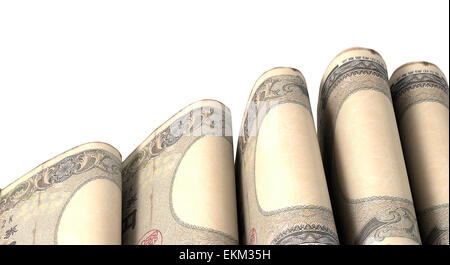 Eine Nahaufnahme von fünf Bündel von über Stapel des japanischen Yen-Banknoten gefaltet jeweils gebundenen Infomally durch ein Gummiband in festgelegten ein Stockfoto