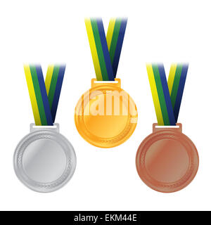 Zur Veranschaulichung der Olympia-Gold, Silber und Bronze Medaillen und Bändern mit Brasilien-Farben. Stockfoto