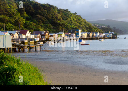 Boot-Schuppen, Camborne, Pauatahanui Inlet, Porirua, Wellington, Nordinsel, Neuseeland Stockfoto