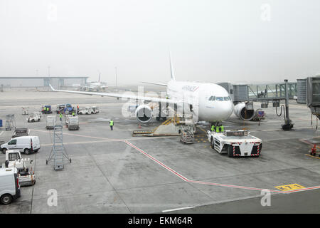 Bodenpersonal vorbereiten einer Air-France-Maschine auf dem Rollfeld in Paris Charles de Gaulle Airport Stockfoto