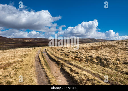 Die Schlange Weg auf Moorland oberhalb Hayfield im Peak District, Derbyshire. Sonnigen Frühlingstag auf den Hügeln. Stockfoto