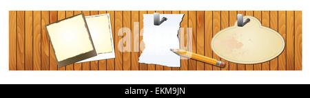 Vektor-Illustration von der Banner-Holztextur mit Notizblock, Bleistift Stock Vektor