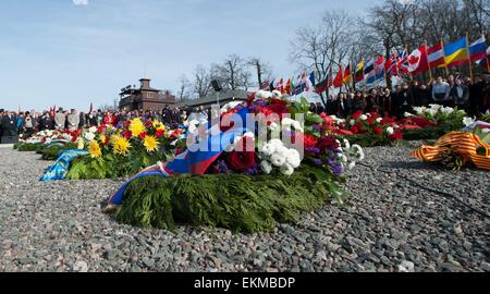 Weimar, Deutschland. 12. April 2015. Kränzen liegen auf dem Boden anlässlich des 70. Jahrestag der Befreiung des Konzentrationslagers Buchenwald auf der "Appellplatz" (namentliche Boden) von der Gedenkstätte Buchenwald bei Weimar, Deutschland, 12. April 2015. Am Vortag hatten sich etwa 80 Überlebenden des Holocaust im KZ Buchenwald in der Nähe der deutschen Stadt Erfurt des 70. Jahrestags seiner Befreiung durch US-amerikanische Truppen am 11. April 1945 versammelt. Foto: SEBASTIAN KAHNERT/Dpa/Alamy Live News Stockfoto