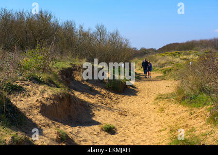 Paar hinunter Fussweg zum Strand durch lokale Naturschutzgebiet Berrow Dünen, Somerset Stockfoto