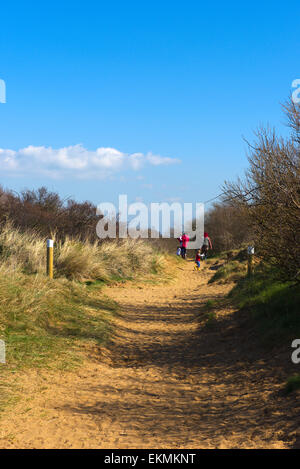 Menschen auf Fussweg zum Strand durch lokale Naturschutzgebiet Berrow Dünen, Somerset Stockfoto