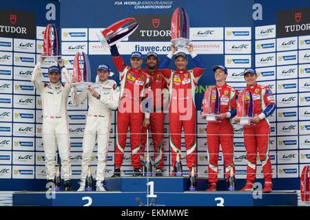 Silverstone im Vereinigten Königreich. 12. April 2015. Langstrecken-WM Runde 1. GTE-Podium. Bildnachweis: Aktion Plus Sport/Alamy Live-Nachrichten Stockfoto