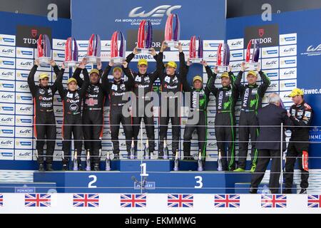 Silverstone im Vereinigten Königreich. 12. April 2015. Langstrecken-WM Runde 1. LMP2-Podium. Bildnachweis: Aktion Plus Sport/Alamy Live-Nachrichten Stockfoto