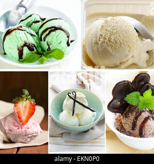 Collage Sortiment Eis (Vanille, Erdbeere, Minze, Schokolade) Stockfoto