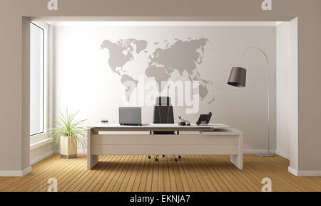 Minimalistische Büro mit Schreibtisch und Welt Karte an Wand - 3D Rendering Stockfoto