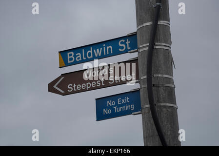 Baldwin Street Zeichen, Dunedin, Südinsel, Neuseeland. Stockfoto