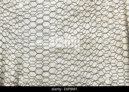 Metallgitter als Sechsecke auf eine Betonwand Stockfoto