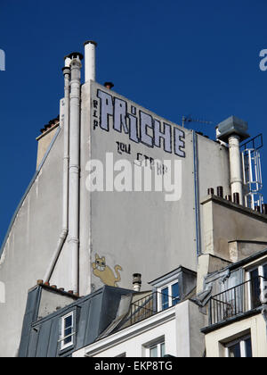 M. Chat Graffiti von Thoma Vuille, auf alten Paris Dächer und Schornstein, Frankreich Stockfoto