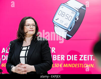 Berlin, Deutschland. 13. April 2015. SPD andrücken 13. April 2015-Anweisung und Poster-Präsentation über das Thema "Mindestlohn" mit Andrea Nahles und Yasmin Fahimi und Malu Dreyer am SPD Headquarter (Willy-Brandt-Haus) in Berlin, Deutschland. / Foto: Andrea Nahles (SPD), Bundesminister für Arbeit und Soziales Credit: Reynaldo Chaib Paganelli/Alamy Live-Nachrichten Stockfoto