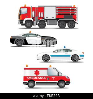 Set von Notfalltransport Icons.  Feuer LKW, Krankenwagen, Polizeiwagen. Vektor-illustration Stock Vektor