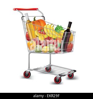 Warenkorb mit unterschiedlichsten Lebensmitteln isoliert auf weiss. Vektor-illustration Stock Vektor