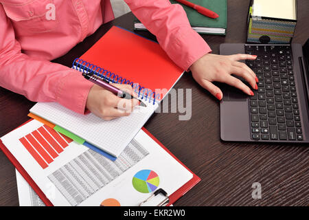 Frau, die Überprüfung von Budget oder Abrechnung mit laptop Stockfoto