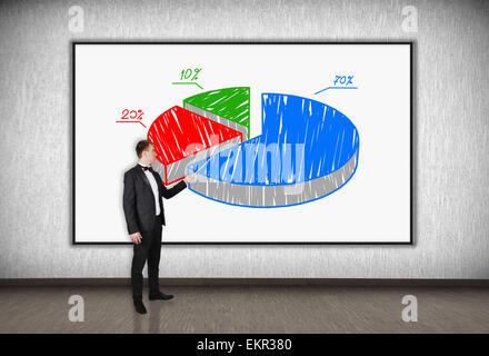 Geschäftsmann mit einem Zeiger verweist auf ein Kreisdiagramm Stockfoto