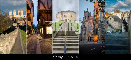 Collage aus Bildern von York, geeignet für Seitenkopf: York Minster, The Shambles Cliffords, York Minster, Lendal Turm Stockfoto