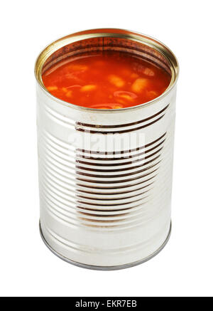 geöffnete Tincan mit Bohnen in Tomatensauce, isoliert auf weiss Stockfoto