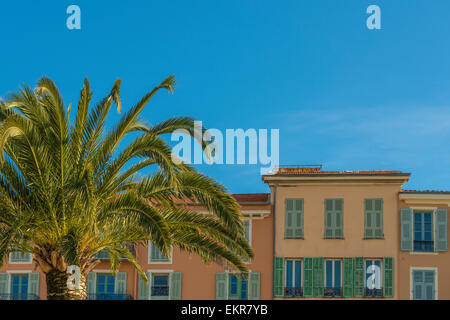 Traditionellen bunten Gebäuden an der französischen Riviera mit einer Palme im Vordergrund und vor blauem Himmel Stockfoto