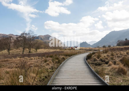 Menschen zu Fuß auf erhöhten recycelten Kunststoff Ente Board Weg in Borrowdale in Richtung The Jaws of Borrowdale und Schloss Fels Stockfoto