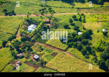 Blick hinunter auf entwaldet Wald hängen aus der Luft, wird ersetzt durch Ackerland für Subsistenz-Landwirtschaft in Malawi. Das Land leidet rapide Abholzung, sowohl für die Landwirtschaft und für die Herstellung von Holzkohle, die wichtigsten Kochen Fule in Malawi landen zu bieten. Stockfoto