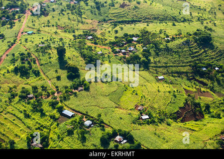 Blick hinunter auf entwaldet Wald hängen aus der Luft, wird ersetzt durch Ackerland für Subsistenz-Landwirtschaft in Malawi. Das Land leidet rapide Abholzung, sowohl für die Landwirtschaft und für die Herstellung von Holzkohle, die wichtigsten Kochen Fule in Malawi landen zu bieten. Stockfoto