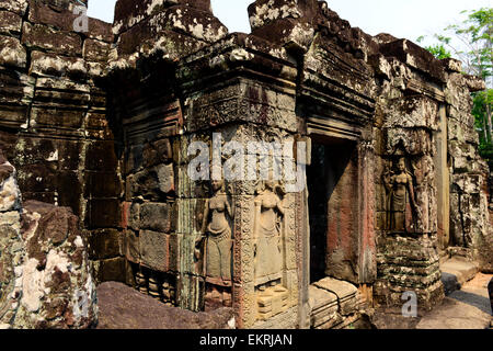 Schöne Steinmetzarbeiten am Banteay Kdei Tempel in Siem Reap. Stockfoto