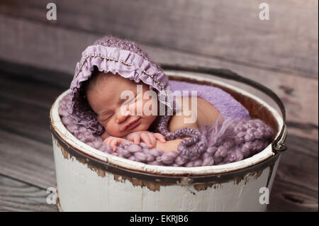 Gemischte Rassen Babymädchen schlafen in einem Holzeimer mit lila Mütze Stockfoto