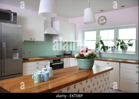 Land Küche in Scheune weiß terracotta Wände schräge Decke aus Holz