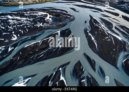 Antenne der Flüsse, dyngjusandur Sands durch dyngjujokull Gletscher, Island. In der Nähe von holuhraun und bardarbunga Vulkan. Stockfoto