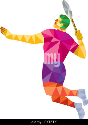 Niedrige Polygon Stil Illustration ein Badmintonspieler hält Schläger springen Zerschlagung von Seite setzen auf weißem Hintergrund isoliert betrachtet. Stockfoto
