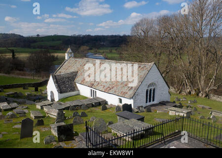 Llangar alte Pfarrkirche Allerheiligen über dem Fluss Dee in der Nähe von Corwen Denbighshire North East Wales UK Stockfoto