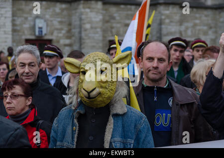 Gent, Belgien. 13. April 2015. Menschen versammelten sich auf der zweiten Sitzung des "Pegida Flandern" mit Fahnen und Banner. Pegida ist eine deutsche rechtsextreme Organisation deren abgekürzter Name von den vollständigen Titel, patriotischen Europäer gegen die Islamisierung des Abendlandes kommt. Bildnachweis: Jonathan Raa/Pacific Press/Alamy Live-Nachrichten Stockfoto