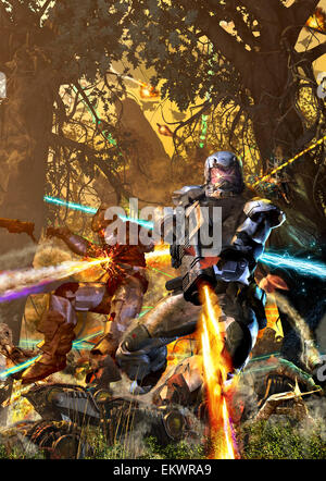 Space Marine Mechs im Wald kämpfen. Stockfoto