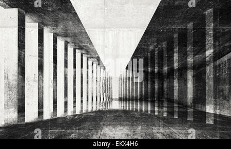 Abstrakte monochrome dunklen Grunge surreale Tunnel innen Hintergrund, 3d Illustration mit konkreten Textur Stockfoto